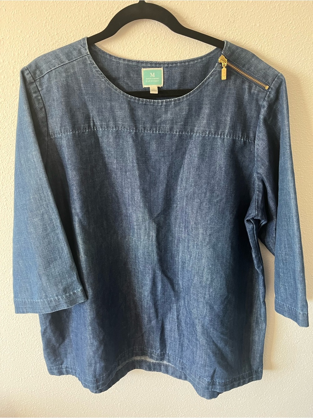 Martha Stewart Blue Denim-Look Girls Pullover Top with Shoulder Zip